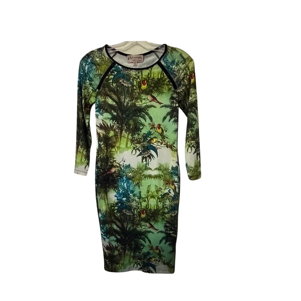 PHILOSOPHY Exotic Birds Tress Dress Zippers Shoulders Long Sleeves Size: L